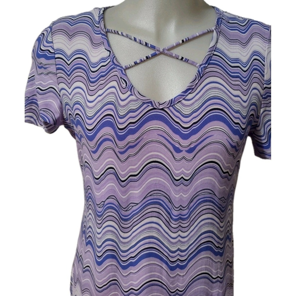 Just Be Dress Women's Size 1X Short Sleeve V-Neck Purple Striped Stretch Soft - Picture 5 of 10
